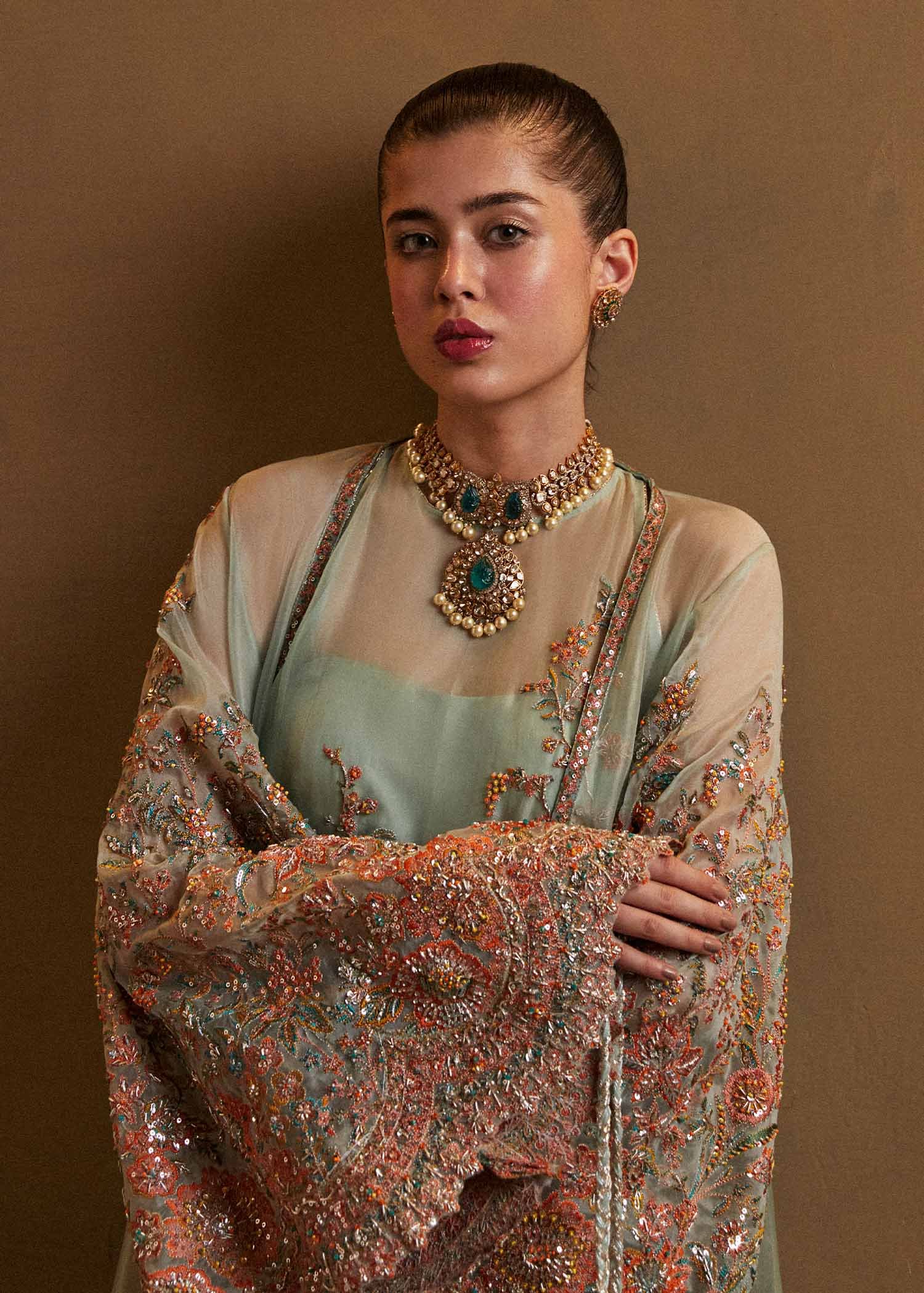 Hussain Rehar Hand Embellished Organza Party Wear Suit - Four-Sided Embroidered Dupatta & Pallu Border | IQNAZ