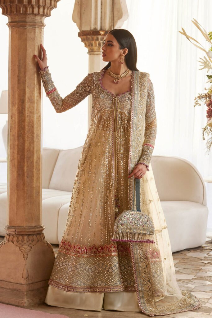 Zaha Zar-E Mahr Hand Embellished Raw Silk Bridal Lehenga - Model Front Look | Pakistani Designer Replica Wholesale | IQNAZ