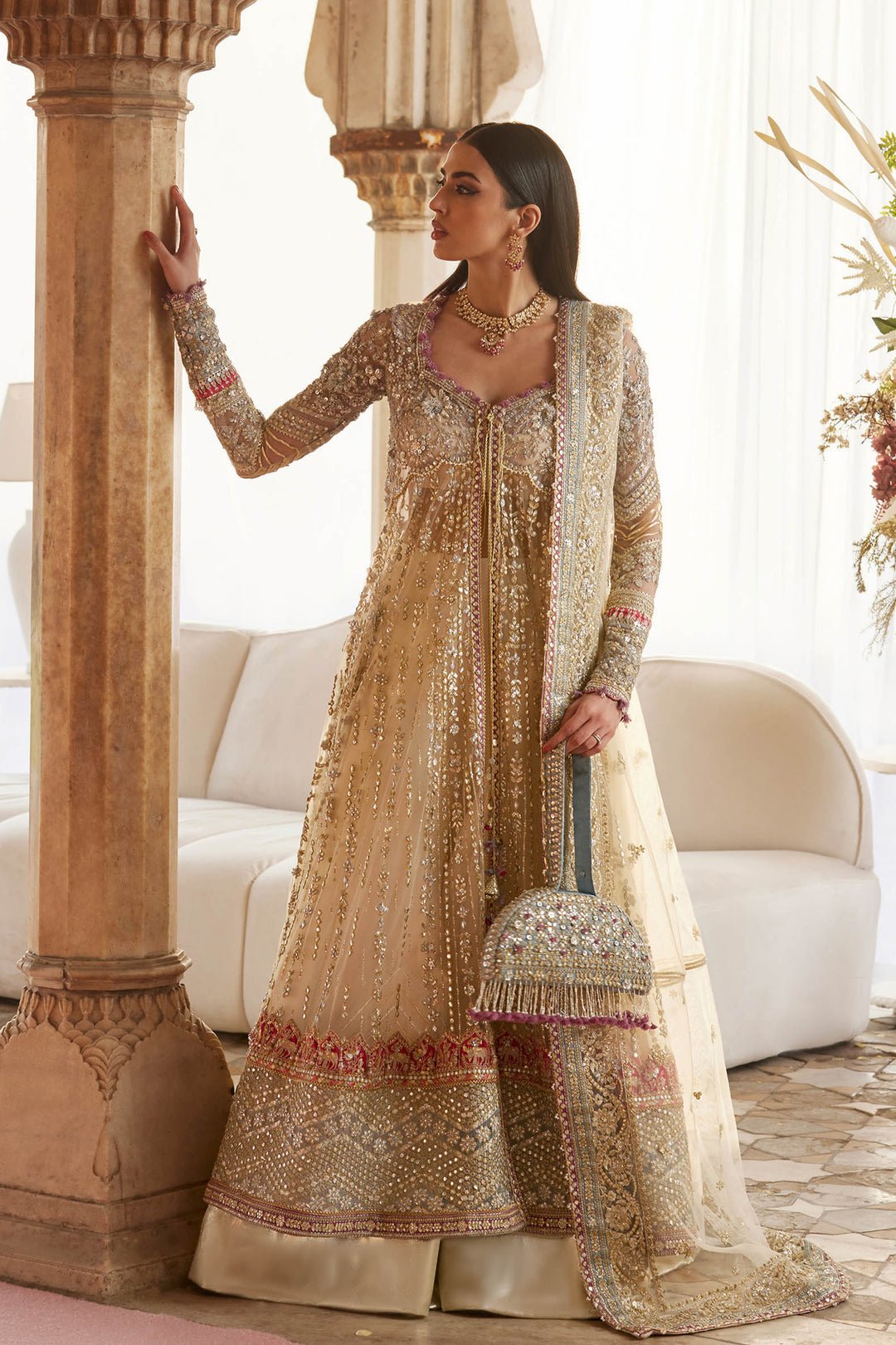 Zaha Zar-E Mahr Hand Embellished Raw Silk Bridal Lehenga - Model Front Look | Pakistani Designer Replica Wholesale | IQNAZ