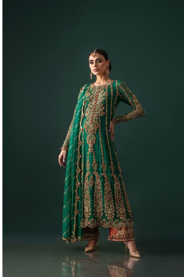 Nomi Ansari Emerald Hues Hand Embellished Chiffon Bridal Saree – Photoshoot Angle 6 Nomi Ansari Emerald Hues Hand Embellished Chiffon Bridal Saree - Designer Photoshoot Gallery Angle 6 | IQNAZ Couture