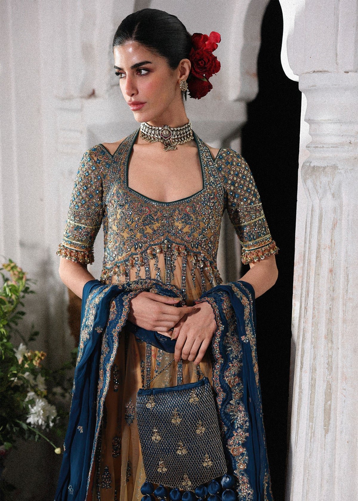 Hussain Rehar Hand Embellished Chiffon Party Wear Suit - Embroidered Back & Daman Silhouette Detailing | IQNAZ