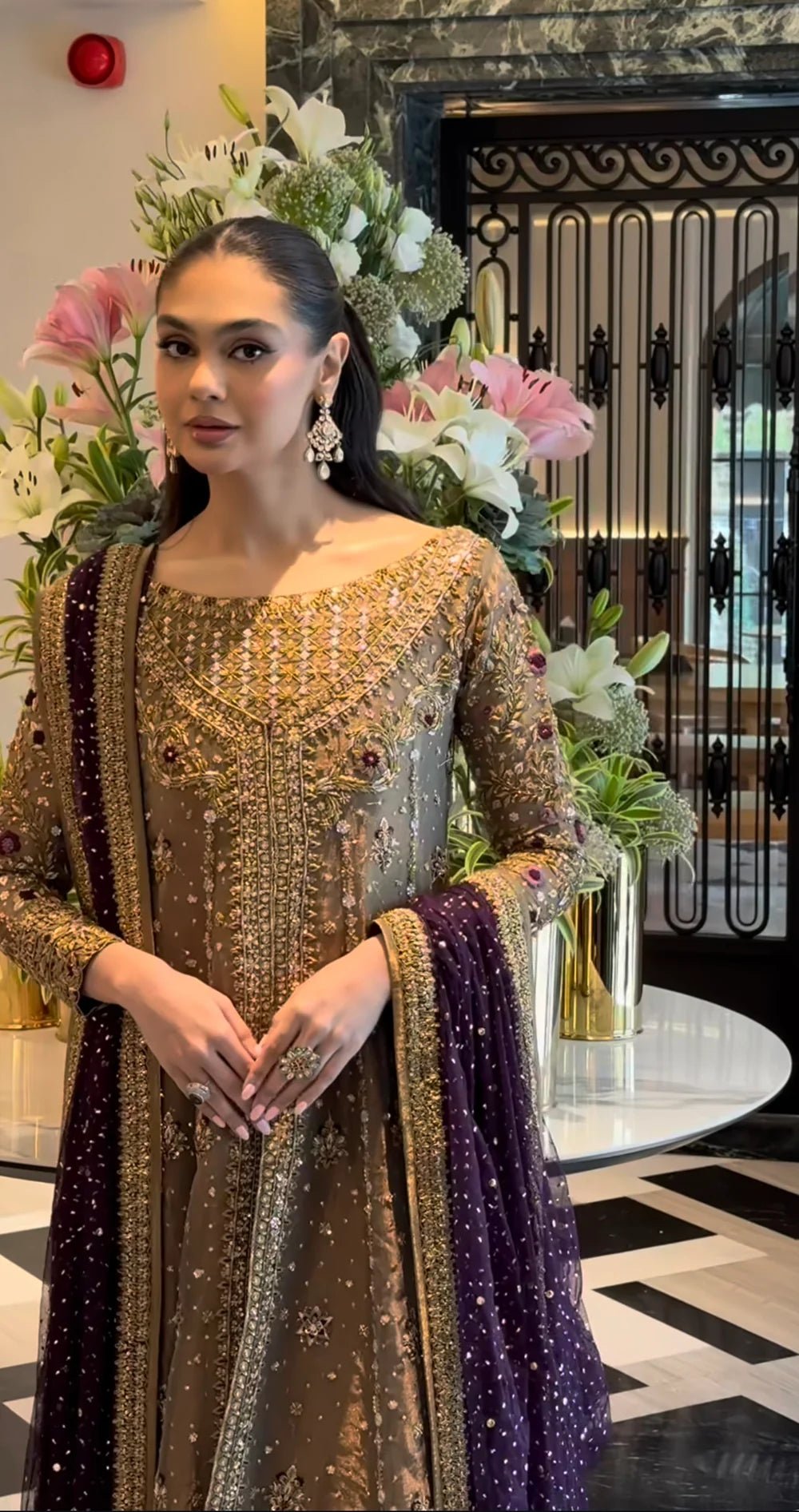 Haris Shakeel Hand Embellished Organza Party Wear Suit - Close-Up Hand Embellishment Tilla & Pearl Work | IQNAZ