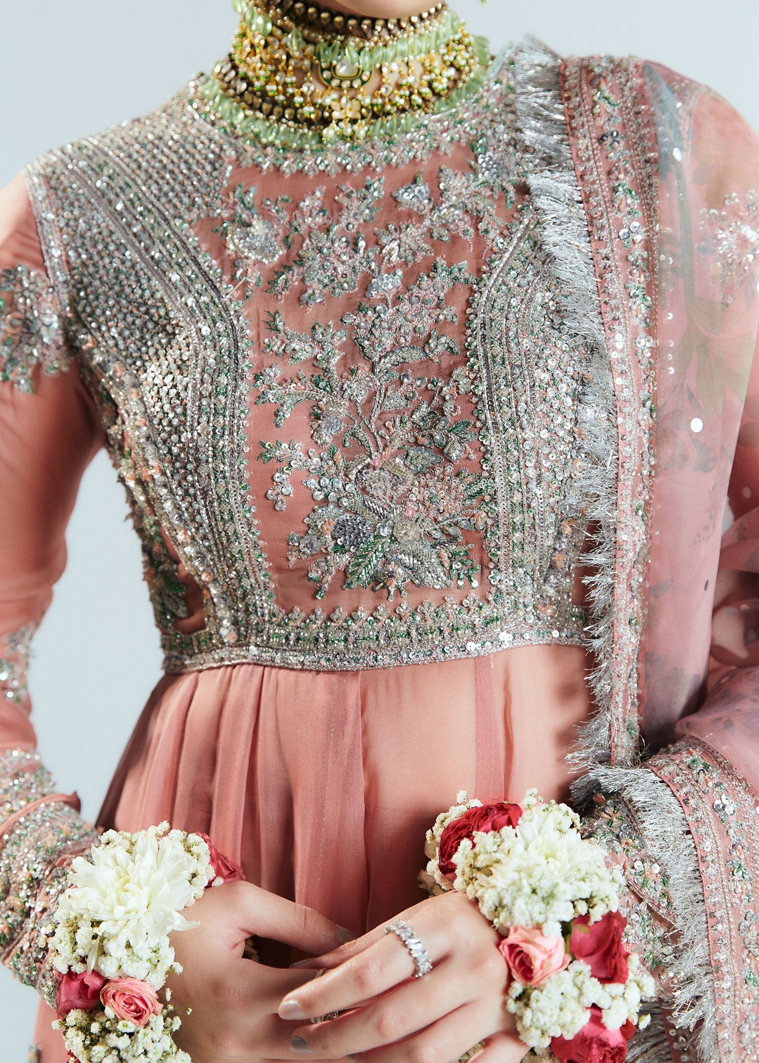 Hussain Rehar Tropica Hand Embellished Organza Party Wear Suit - Close-Up Hand Embellishment Tilla & Pearl Work | IQNAZ