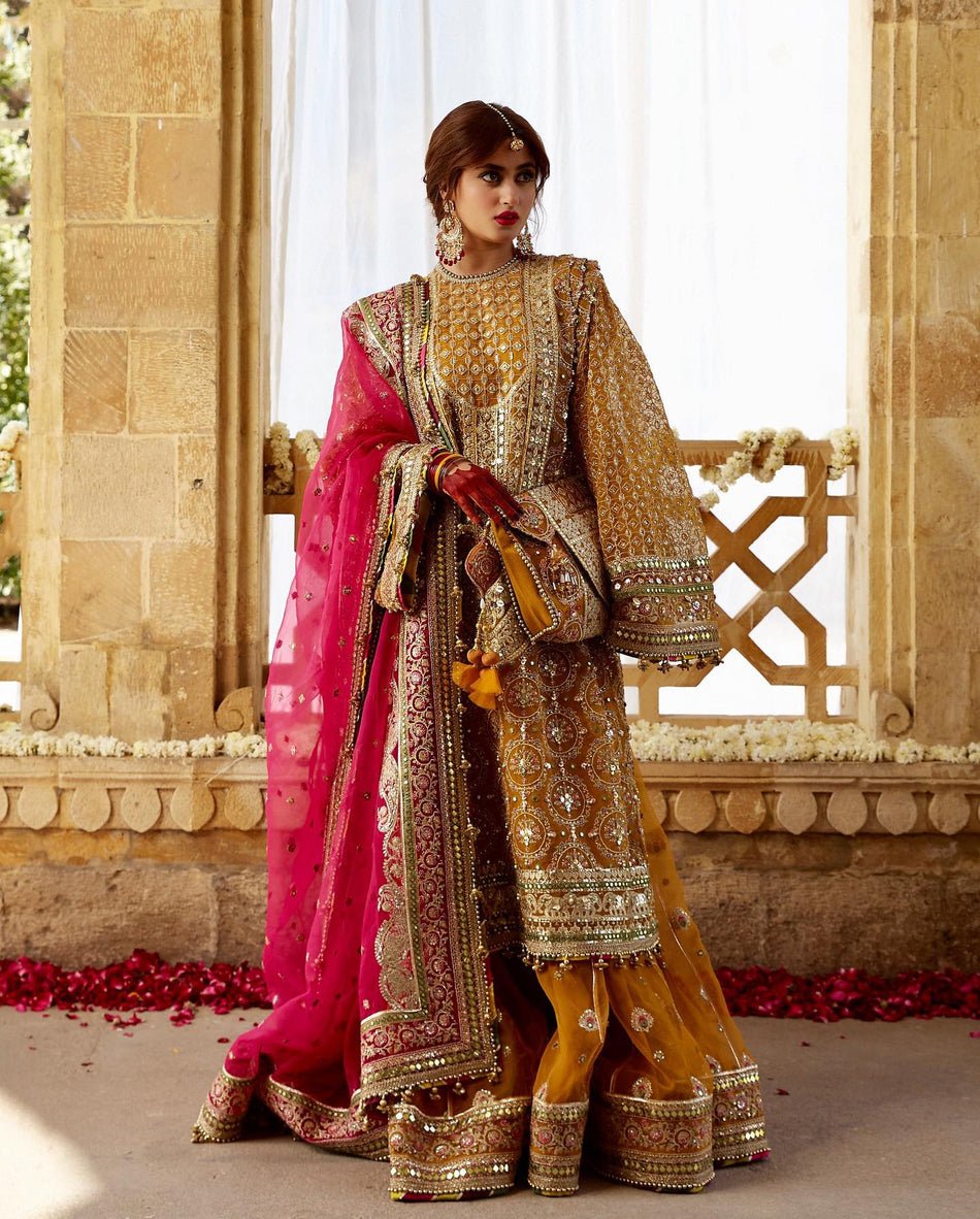 Mohsin Naveed Ranjha Sagar Kinaray Embroidered Organza Party Wear Suit - Model Front Look | Pakistani Designer Replica Wholesale | IQNAZ