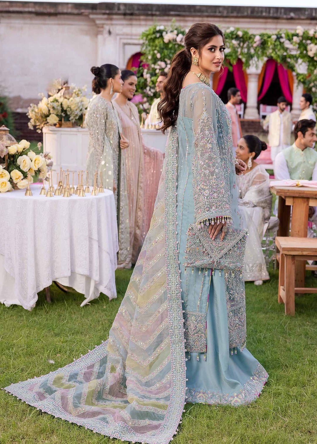 Haris Shakeel Noor Embroidered Organza Party Wear Suit - Four-Sided Embroidered Dupatta & Pallu Border | IQNAZ