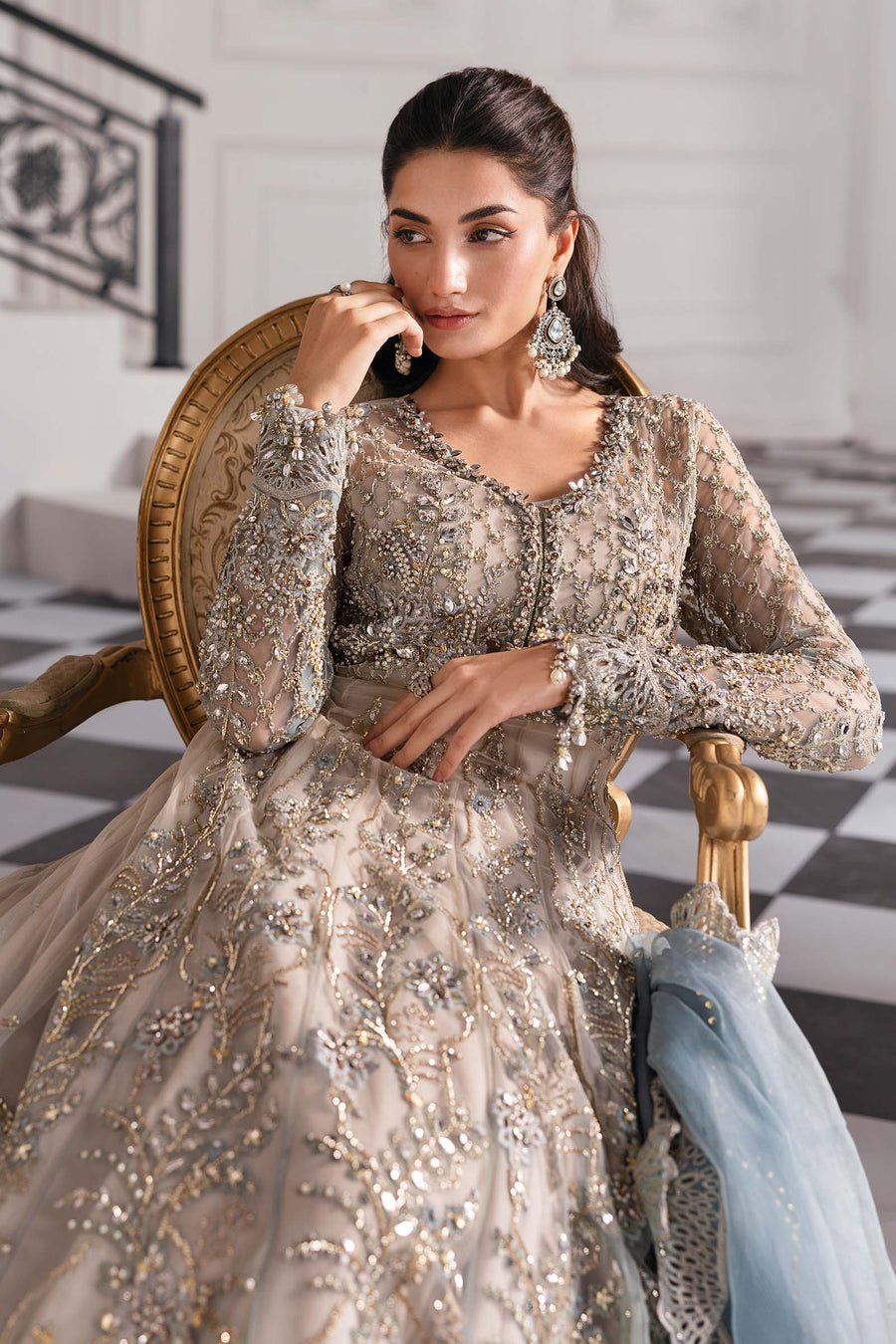 Maria B BD-3002 Hand Embellished Net Flared Suit – Photoshoot Angle 11 Maria B BD-3002 Hand Embellished Net Flared Suit - Designer Photoshoot Gallery Angle 11 | IQNAZ Couture