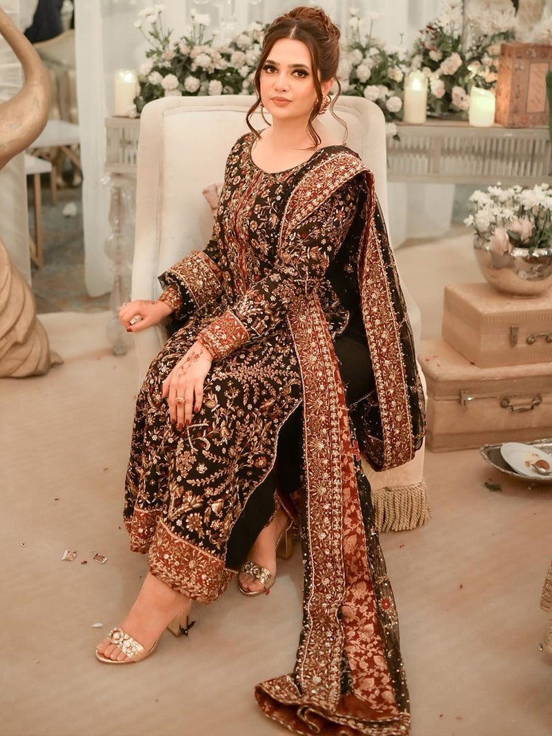 Haris Shakeel Hand Embellished Silk Party Wear Suit - Four-Sided Embroidered Dupatta & Pallu Border | IQNAZ