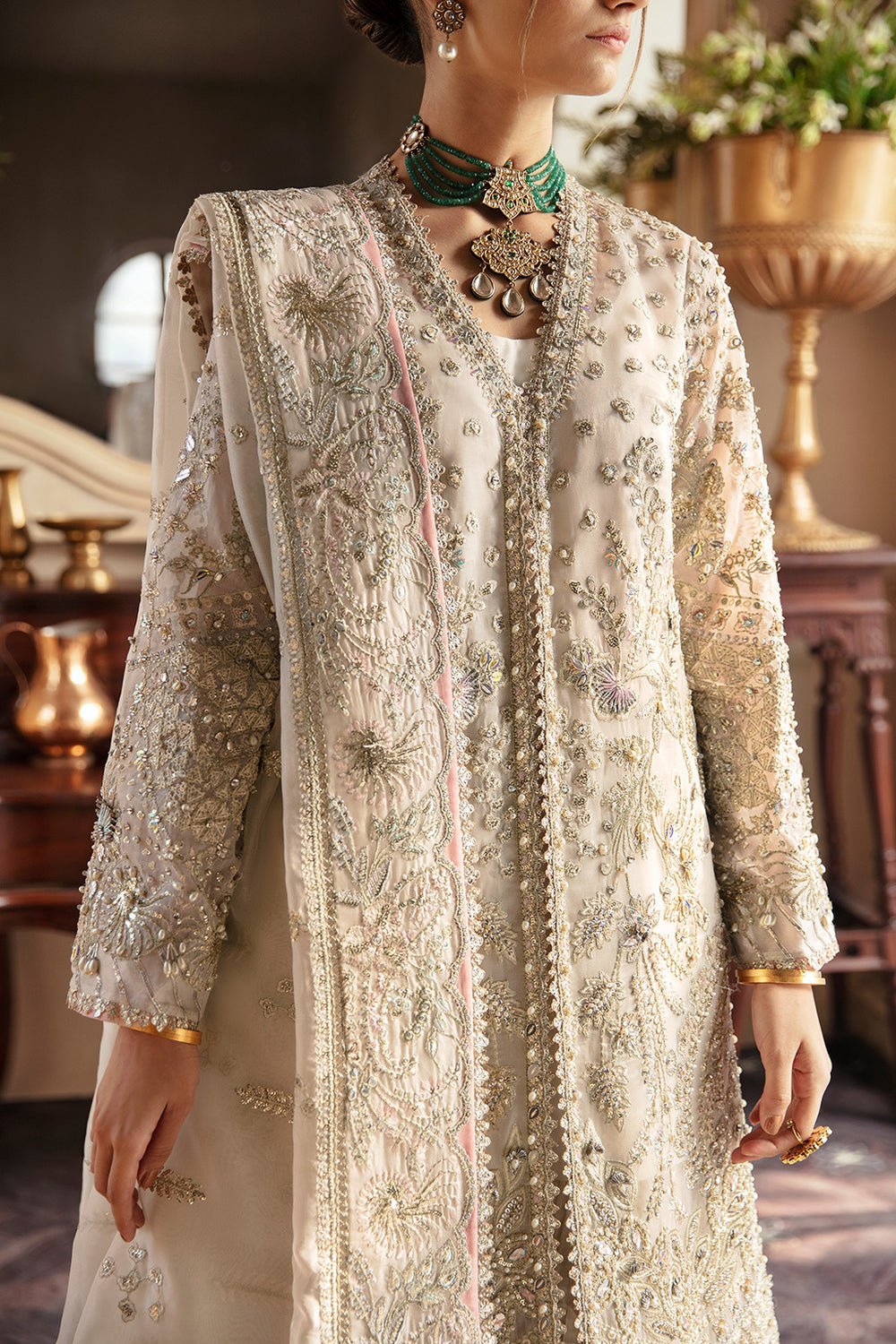 Soraya Miel Embroidered Organza Party Wear Suit - Close-Up Hand Embellishment Tilla & Pearl Work | IQNAZ