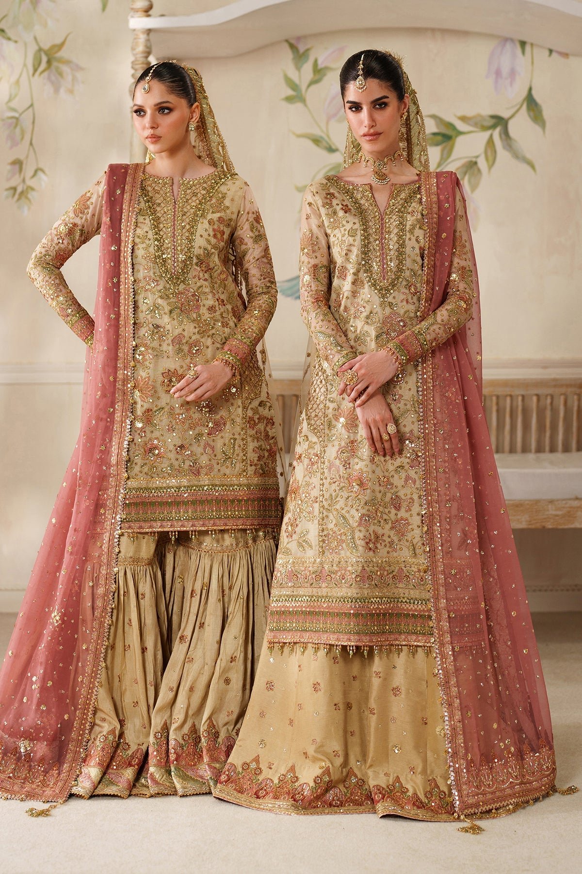 Baroque Luxury Embroidered Organza Party Wear Suit - Model Front Look | Pakistani Designer Replica Wholesale | IQNAZ