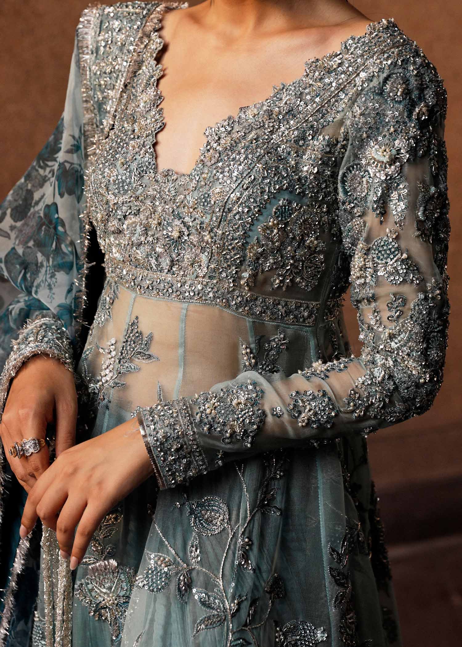 Hussain Rehar Hand Embellished Silk Party Wear Suit - Embroidered Back & Daman Silhouette Detailing | IQNAZ