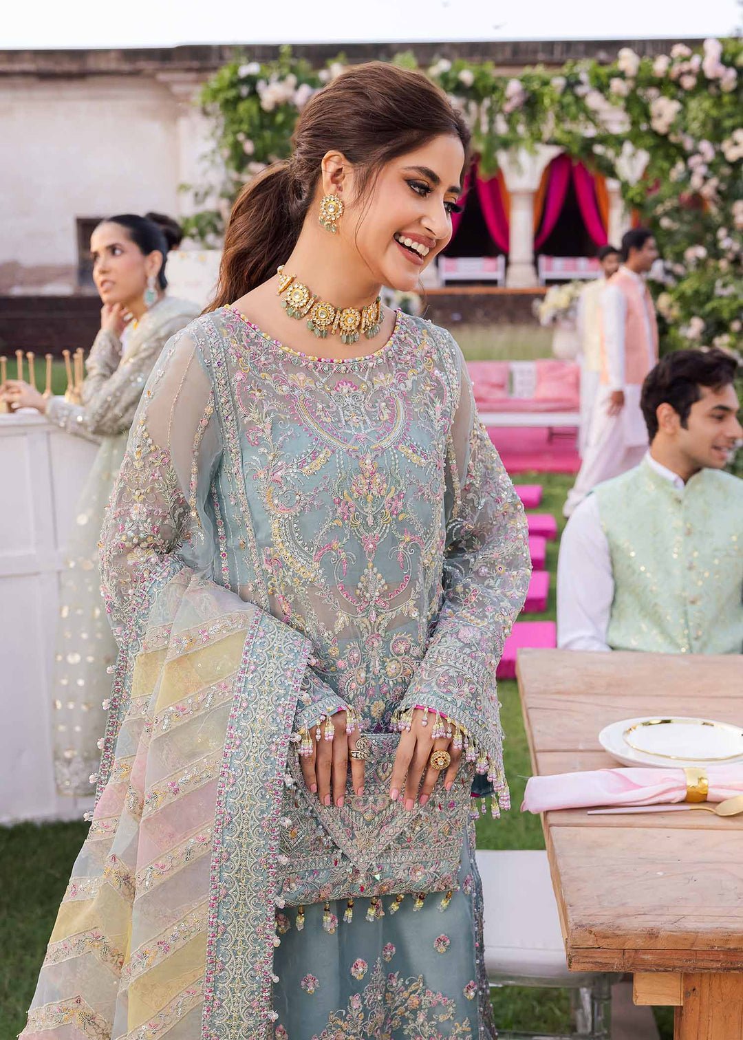 Haris Shakeel Noor Embroidered Organza Party Wear Suit - Close-Up Hand Embellishment Tilla & Pearl Work | IQNAZ