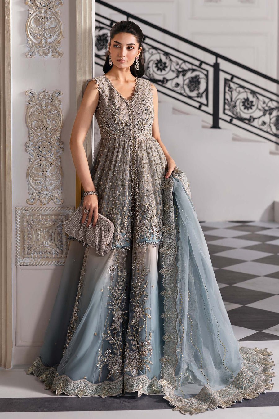 Maria B BD-3002 Hand Embellished Net Flared Suit – Embroidery & Handwork Detail Maria B BD-3002 Hand Embellished Net Flared Suit - Close-Up Hand Embellishment Tilla & Pearl Work | IQNAZ