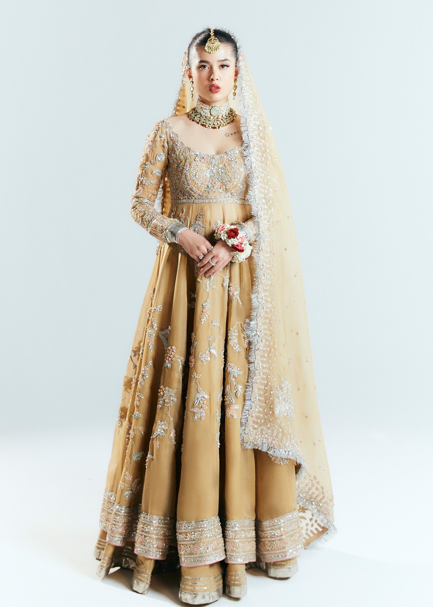 Hussain Rehar Aether Hand Embellished Organza Party Wear Suit - Model Front Look | Pakistani Designer Replica Wholesale | IQNAZ