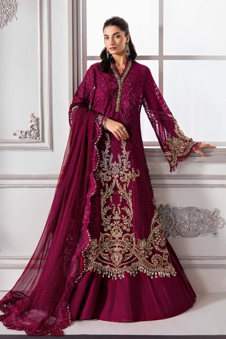 Maria B BD-3003 Embroidered Chiffon Party Wear Suit - Model Front Look | Pakistani Designer Replica Wholesale | IQNAZ