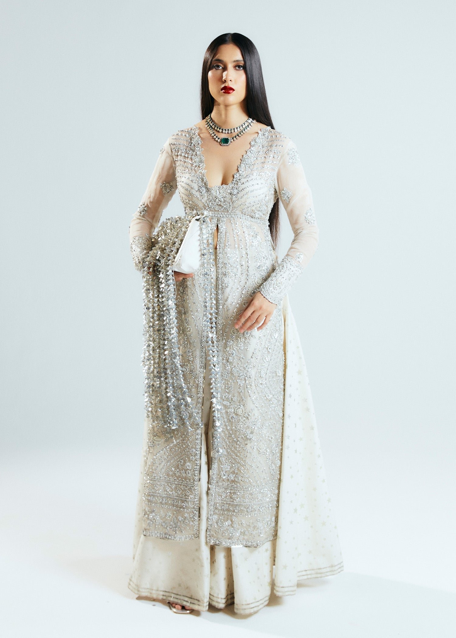 Hussain Rehar Seraph Embroidered Organza Party Wear Suit - Model Front Look | Pakistani Designer Replica Wholesale | IQNAZ