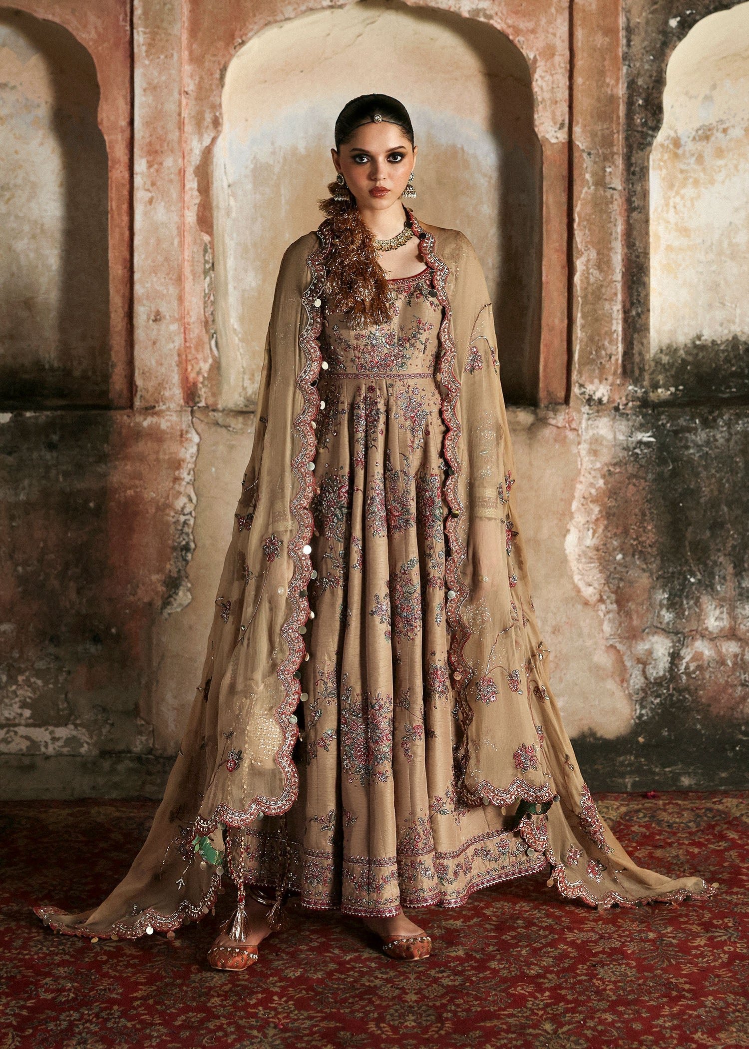 Hussain Rehar Hand Embellished Chiffon Party Wear Suit – Model Front View Hussain Rehar Hand Embellished Chiffon Party Wear Suit - Model Front Look | Pakistani Designer Replica Wholesale | IQNAZ