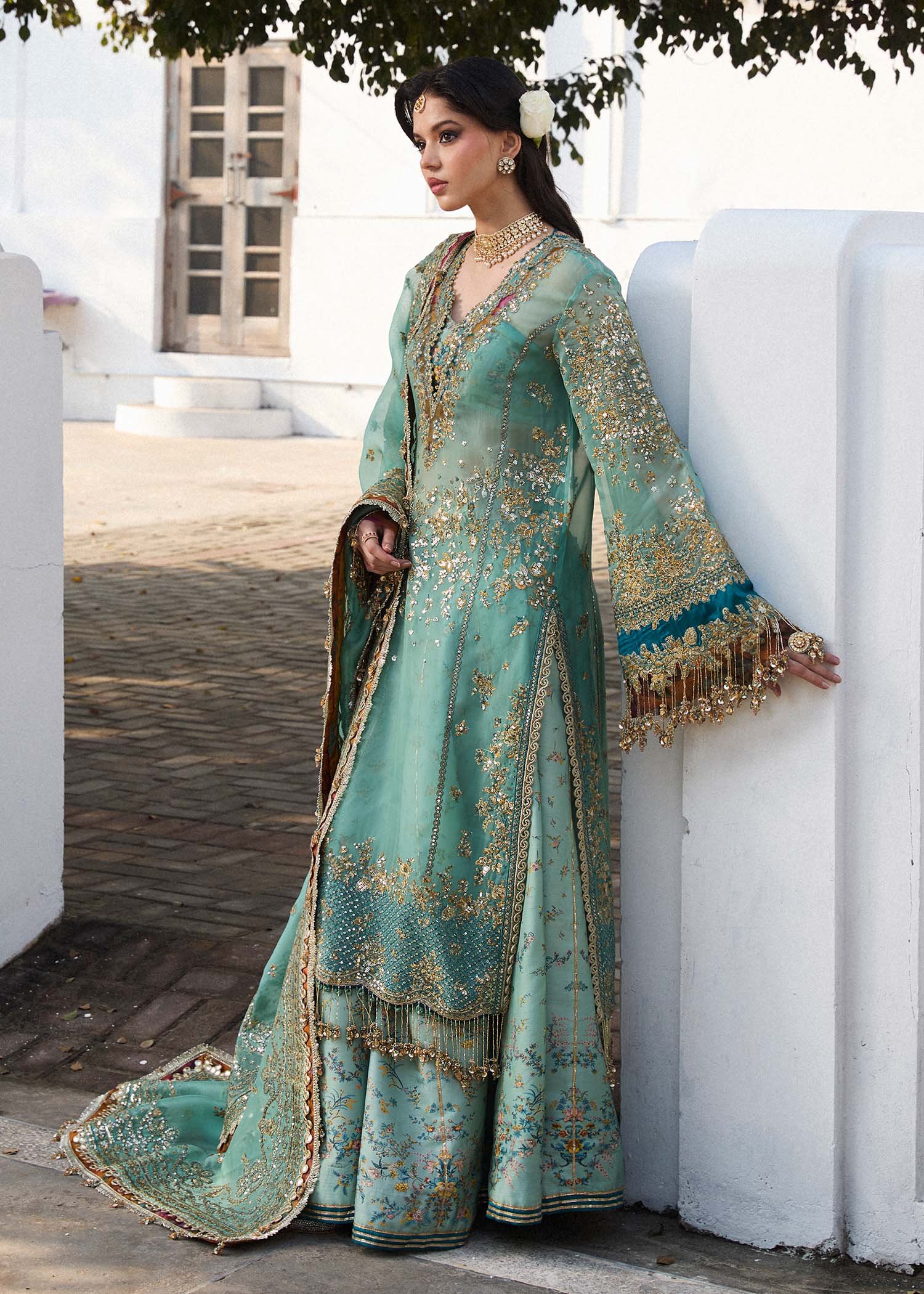 Hussain Rehar Embroidered Organza Party Wear Suit – Embroidery & Handwork Detail Hussain Rehar Embroidered Organza Party Wear Suit - Close-Up Hand Embellishment Tilla & Pearl Work | IQNAZ