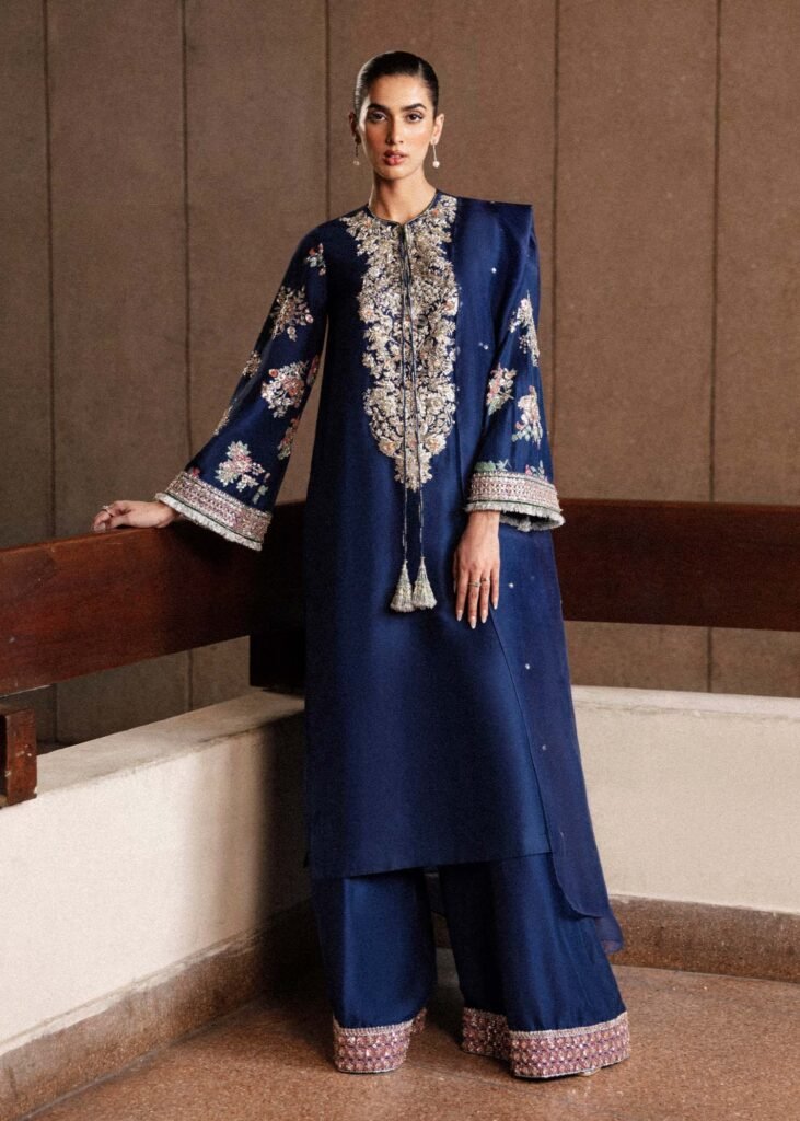 Hussain Rehar Saxe Embroidered Organza Party Wear Suit - Model Front Look | Pakistani Designer Replica Wholesale | IQNAZ