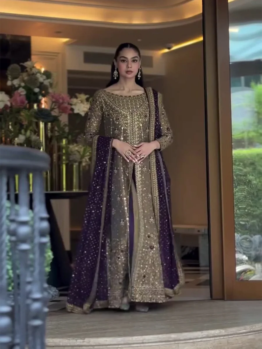 Haris Shakeel Hand Embellished Organza Party Wear Suit - Embroidered Back & Daman Silhouette Detailing | IQNAZ