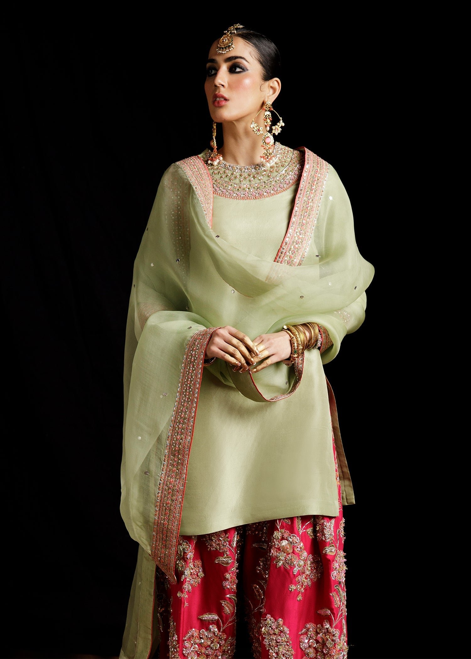 Hussain Rehar Hand Embellished Organza Party Wear Suit - Close-Up Hand Embellishment Tilla & Pearl Work | IQNAZ