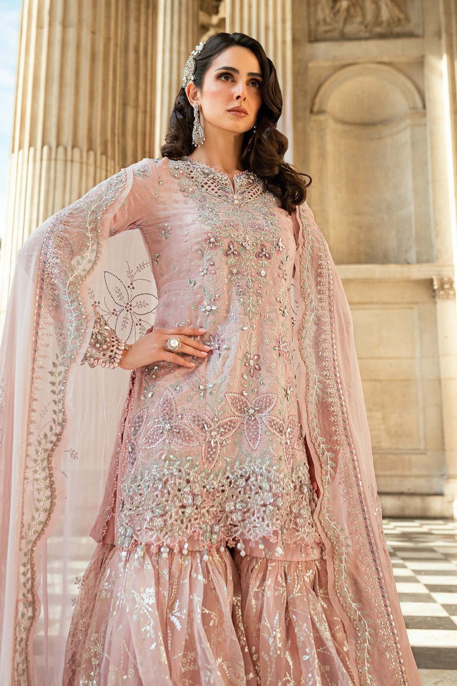 Maria B Embroidered Silk Party Wear Suit - Embroidered Back & Daman Silhouette Detailing | IQNAZ