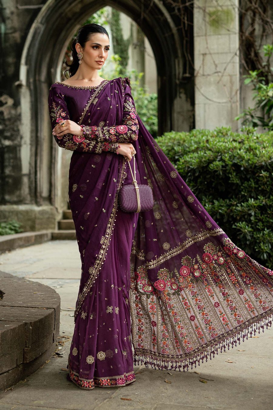 Maria B Embroidered Chiffon Saree – Photoshoot Angle 6 Maria B Embroidered Chiffon Saree - Designer Photoshoot Gallery Angle 6 | IQNAZ Couture