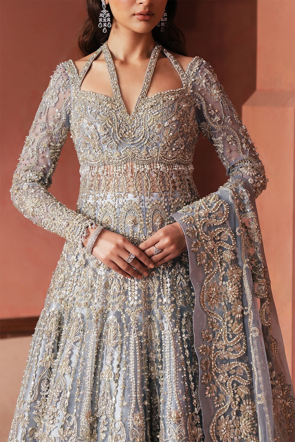 Soraya Anne Hand Embellished Net Bridal Lehenga - Four-Sided Embroidered Dupatta & Pallu Border | IQNAZ