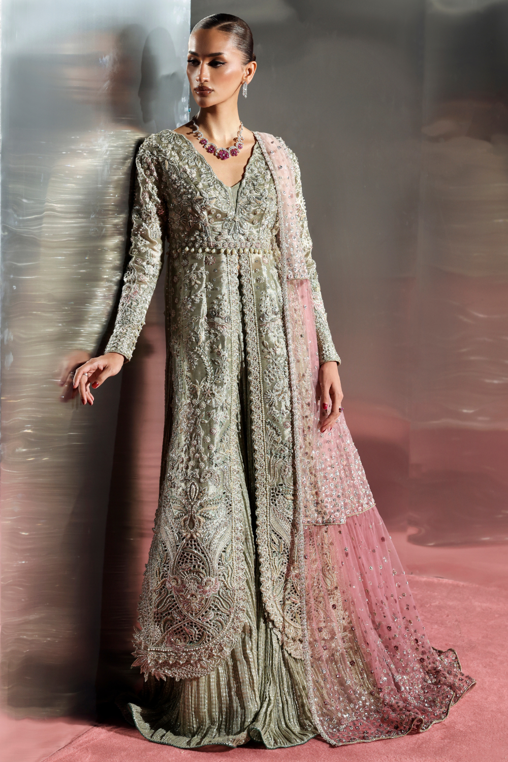 Soraya Caelis Hand Embellished Net Bridal Maxi – Model Front View Soraya Caelis Hand Embellished Net Bridal Maxi - Model Front Look | Pakistani Designer Replica Wholesale | IQNAZ