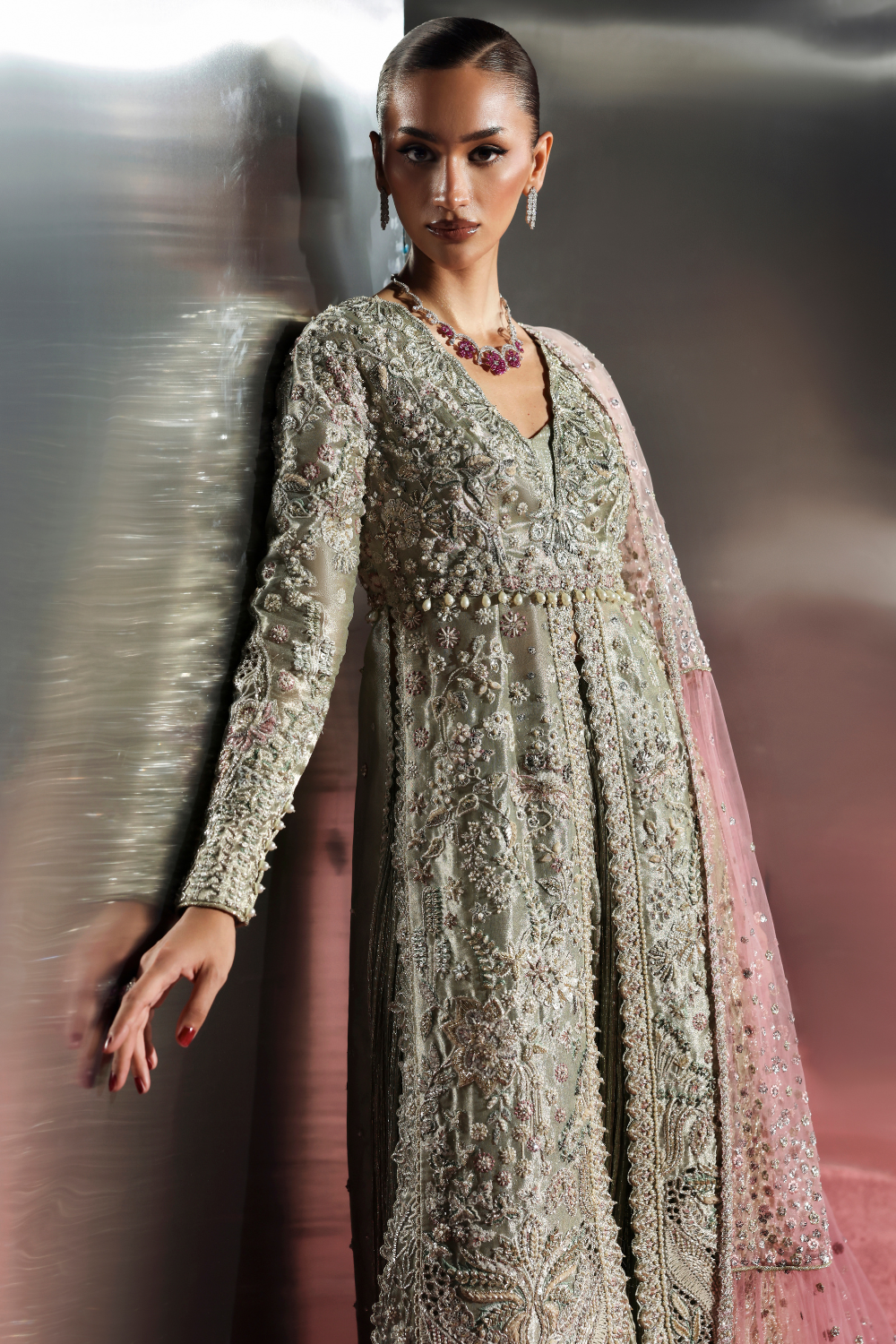 Soraya Caelis Hand Embellished Net Bridal Maxi – Back View & Silhouette Soraya Caelis Hand Embellished Net Bridal Maxi - Embroidered Back & Daman Silhouette Detailing | IQNAZ
