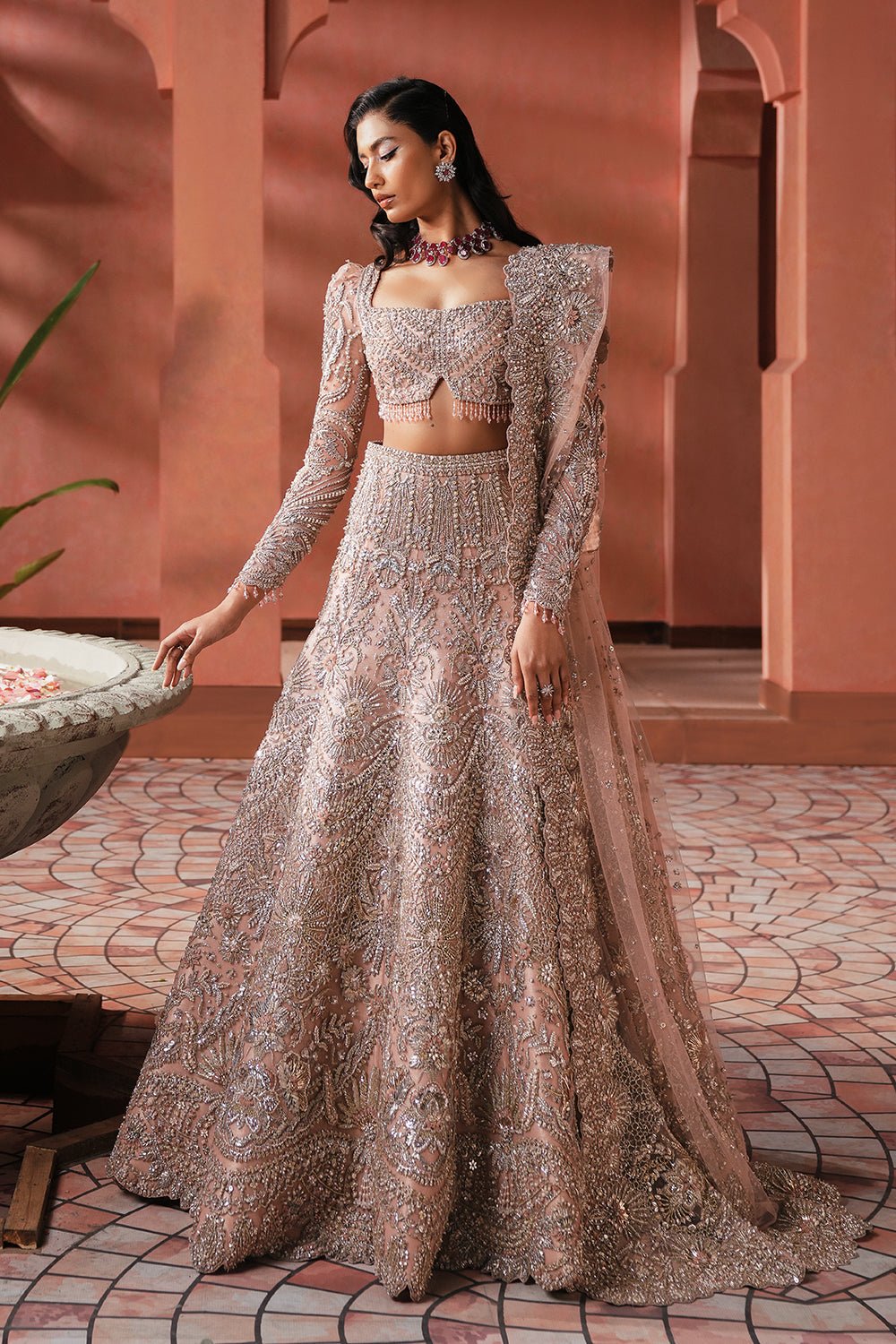 Soraya Catherine Hand Embellished Net Bridal Lehenga - Model Front Look | Pakistani Designer Replica Wholesale | IQNAZ