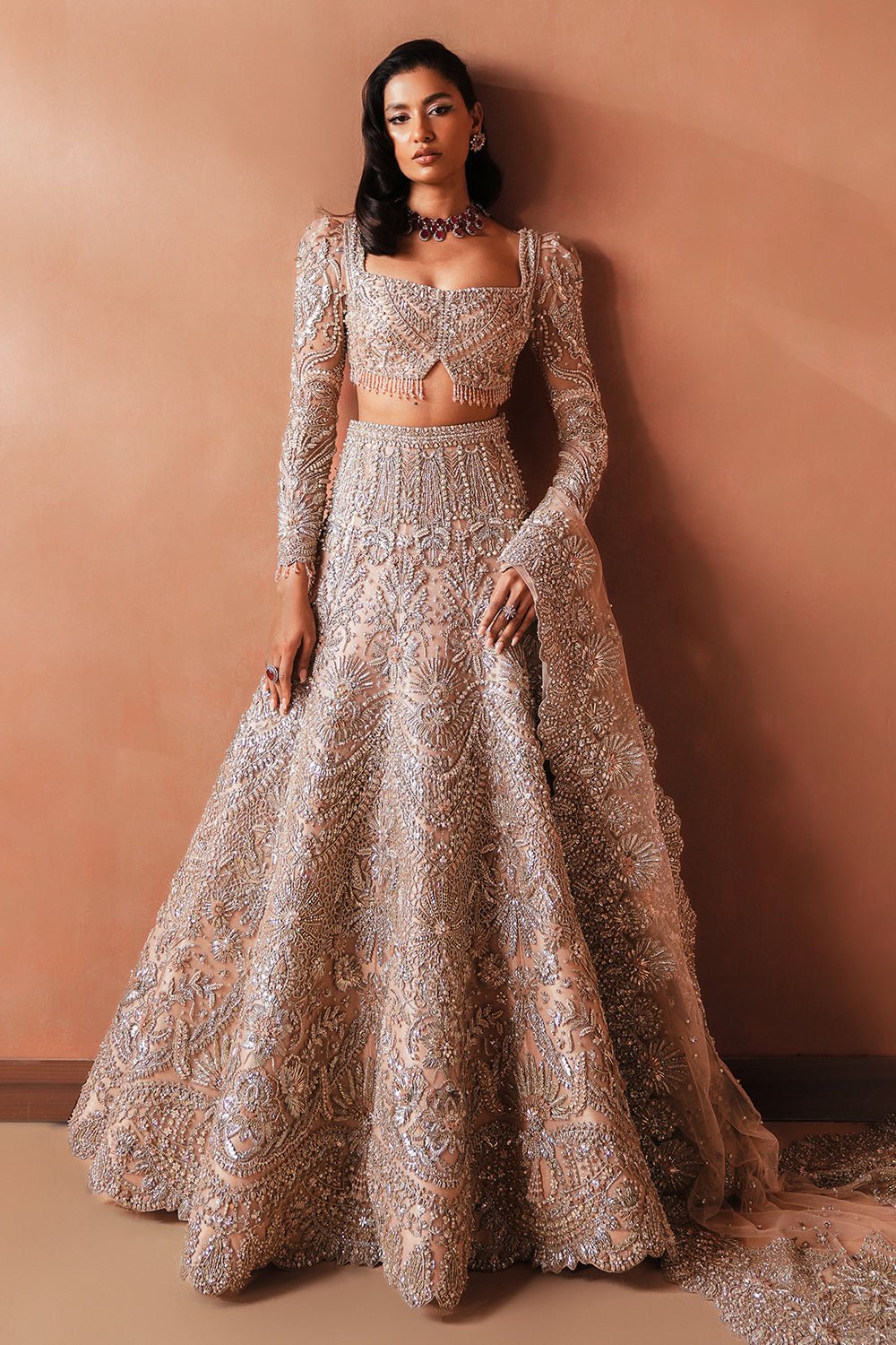Soraya Catherine Hand Embellished Net Bridal Lehenga - Close-Up Hand Embellishment Tilla & Pearl Work | IQNAZ