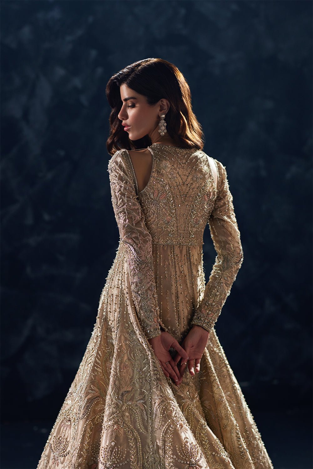 Soraya Reverie Hand Embellished Net Bridal Maxi – Back View & Silhouette Soraya Reverie Hand Embellished Net Bridal Maxi - Embroidered Back & Daman Silhouette Detailing | IQNAZ