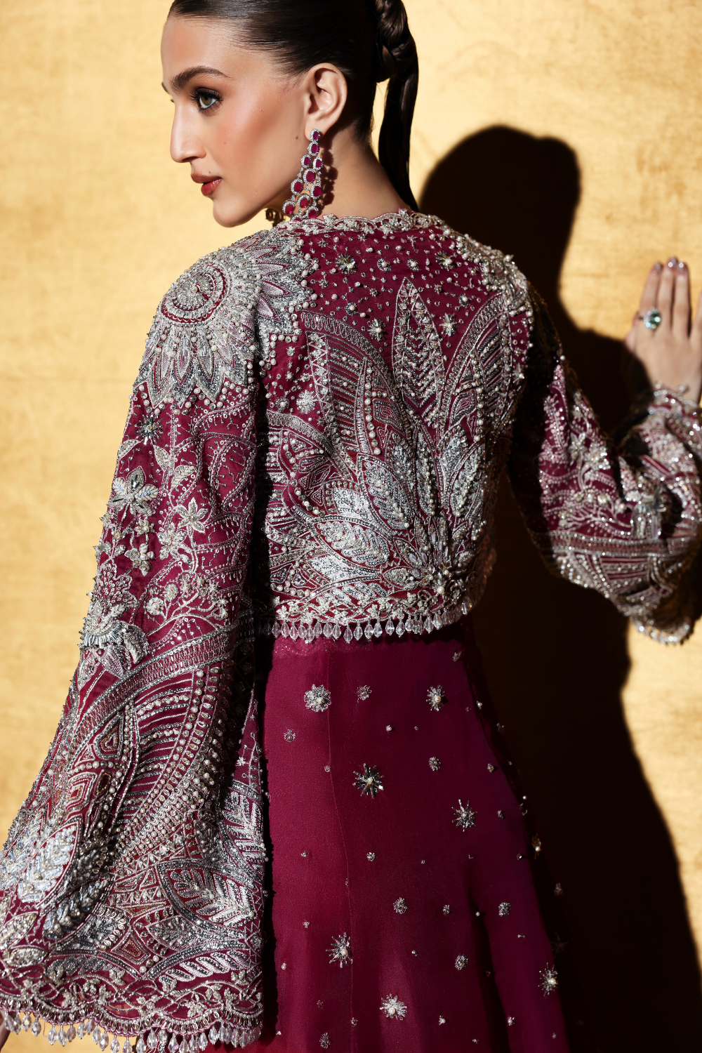 Soraya Rhenza Hand Embellished Net Bridal Maxi – Back View & Silhouette Soraya Rhenza Hand Embellished Net Bridal Maxi - Embroidered Back & Daman Silhouette Detailing | IQNAZ