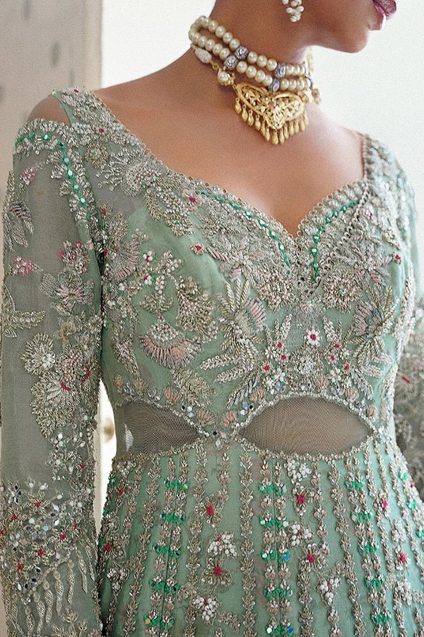 Suffuse Iris Couture Ashal D Hand Embellished Organza Party Wear Suit - Close-Up Hand Embellishment Tilla & Pearl Work | IQNAZ